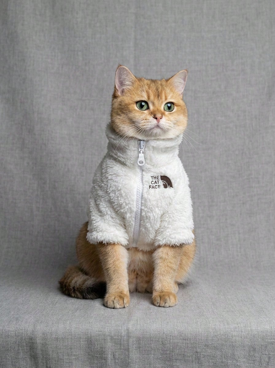 PETSIN 宠物秋冬服装 - 无毛猫专用抓绒拉链外套，猫脸印花设计，保暖透气，适合斯芬克斯猫，吸睛户外装扮 - 白色 - 查看 1