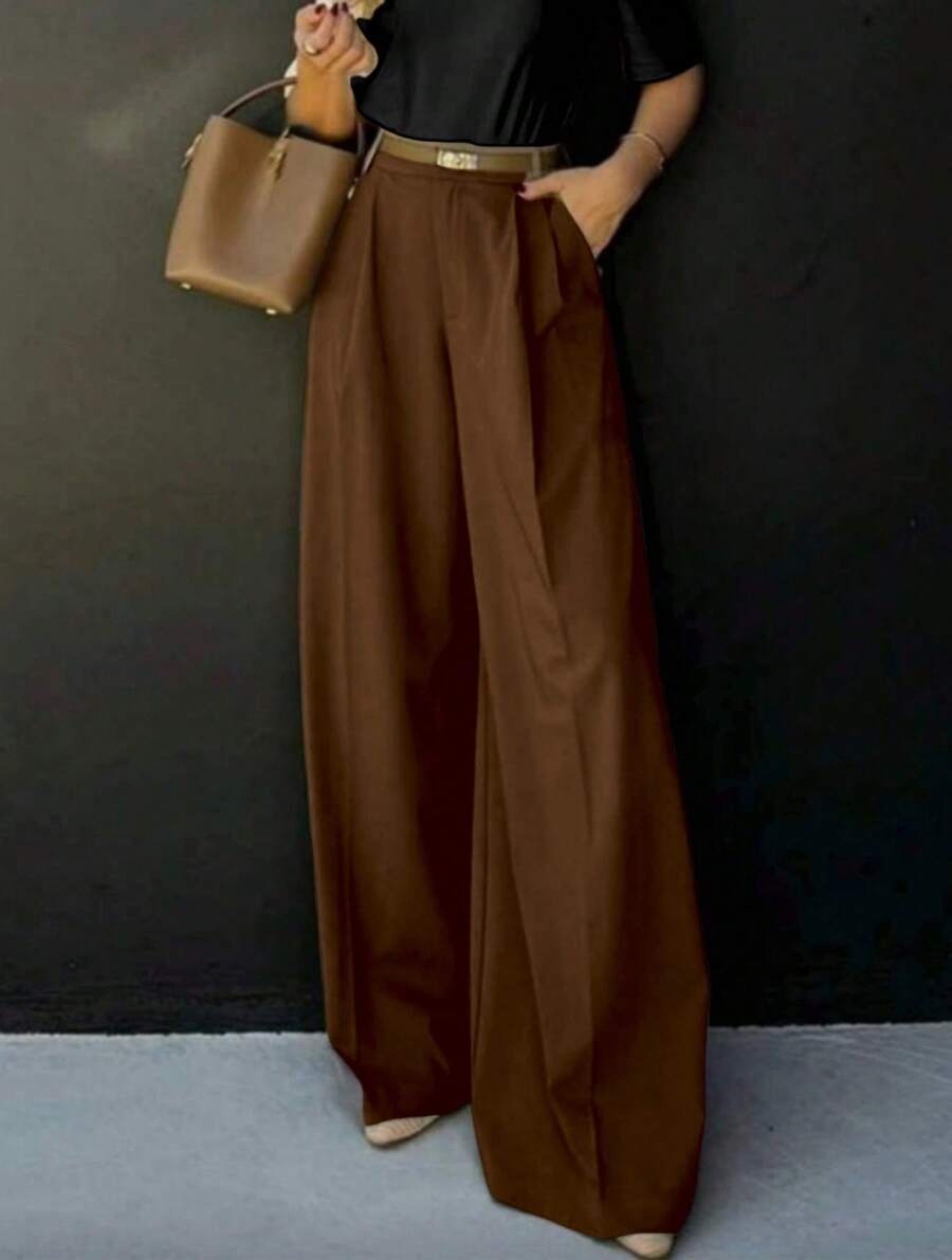 Straight-Leg, Wide-Legged Suit Trousers. Floor-Length. - Maroon - View 1