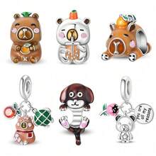 1 Piece Silver-Plated Animal Series Capybara Casual Pendant, Capybara Drinking Milk Tea Bead, Capybara Sprouting Bead, Capybara Carrying Turtle Bead, Dachshund Bead, Pink Bear Pendant Charm, Suitable For DIY Jewelry Making Bracelets And Necklaces, Can Be Used As A Couple's Jewelry Gift. - Multicolor - View 1