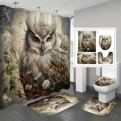 1/4 Pcs Waterproof Shower Curtain Set, Includes Non-Slip Bath Mat, U-Shaped Toilet Lid Cover, Toilet Seat Cover, Cool Owl Pattern, 12 Hooks, Bathroom Decor, Bathroom Curtain Set, Bathroom Accessories