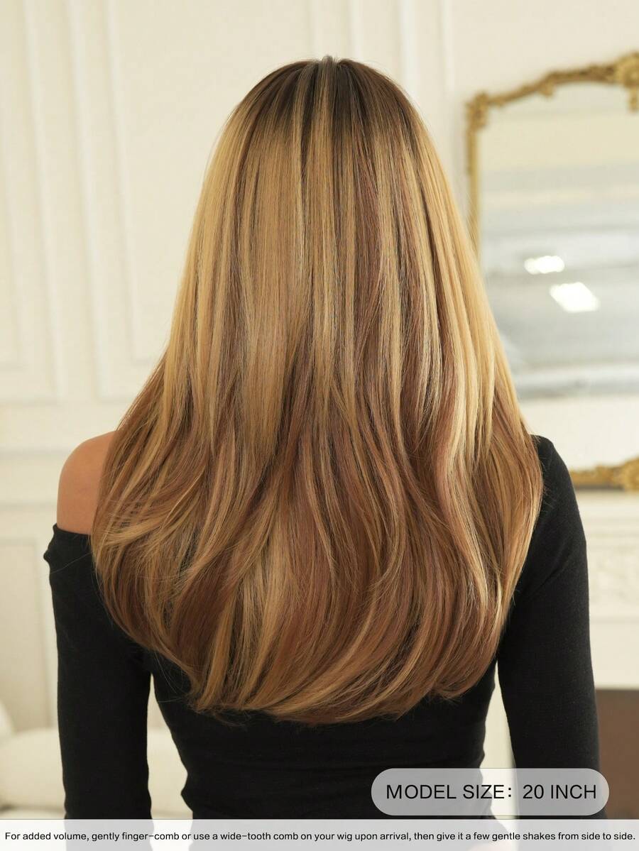 7JHH WIGS 20英吋肩長漸層金直髮女用假髮，附瀏海，優雅時尚，高品質耐熱合成纖維製成，適合日常配戴、節日派對、母親節禮物、畢業禮物等，初學者免膠假髮配件