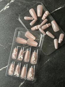 24pcs Medium To Long Ballet Style Nails, Fashionable, Elegant, Simple, 3d Butterfly & White Flower Design, French Style With Gems & Glitter Coverage, Perfect For Parties, Dance, And Daily Wear Press On Nails Nail Supplies - Multicolor - View 4