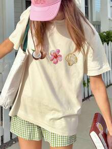 1件女童休闲椰壳印花圆领短袖T恤，夏季学生青少年服装 - 杏色 - 查看 1