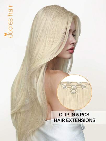 DOORES 5片装无缝直发夹式接发片，真人发丝，铂金色，73-85克，100%巴西雷米真人发，适合头发稀疏的男女使用，双层夹式接发片，可打造全头造型 - 日常佩戴，易于佩戴，隐形美观，适合冬季、圣诞节、角色扮演、校园和约会之夜等场合。