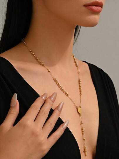 VceTd 1pc Minimalist Stainless Steel Y-Necklace With Cross Pendant And Asymmetrical Beaded Design, Suitable For Women's Daily Wear, Outings Or Parties, Also Makes A Great Gift For Family And Friends