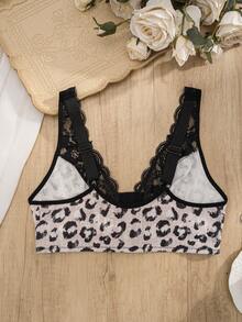 1pc Women's Front Closure Bra, Lace Trim & Leopard Print Patchwork, Fashionable Lingerie - Apricot - View 7