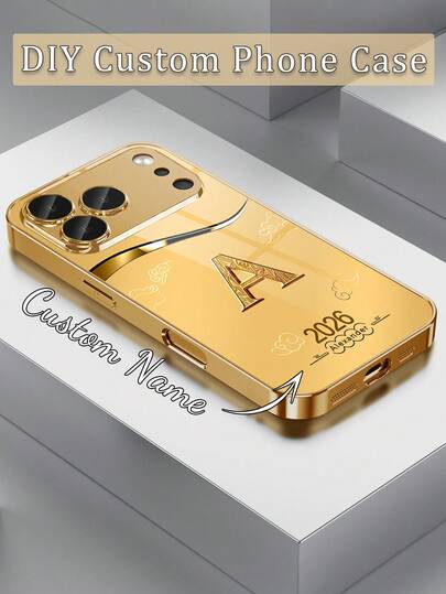 1pc Customized 26 Letters & Name, Business Gold 2026 Pattern High-Definition Gold Electroplated Glass Phone Case Suitable Compatible With Apple 17 Pro Max/16 Pro Max/15/14 Plus/13 Pro/12 Pro Max/11/Xs Max/8/7/6 Plus Phone Accessories