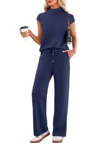 Two Piece Sets For Women 2026 Summer Travel Outfits Mock Neck Cap Sleeve Tops Lounge Set Wide Leg Pants Suitable For Long Travel Days, Airport Outfits, Busy Schedules, Light Exercise, And Relaxed Evenings Adapts Smoothly To Changing Plans - Màu xanh hải quân - Xem 4