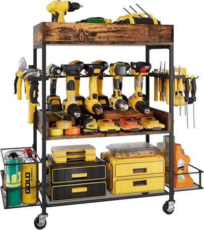 Dunatou Power Tool Organizer Cart Heavy Duty 4 Tier Rolling Tool Cart Garage Storage With Drill Rack Shelf Open Tool Chest Organizer With Wheels Workshop And Garage Ideas For Men Or Dad (Rustic Brown)