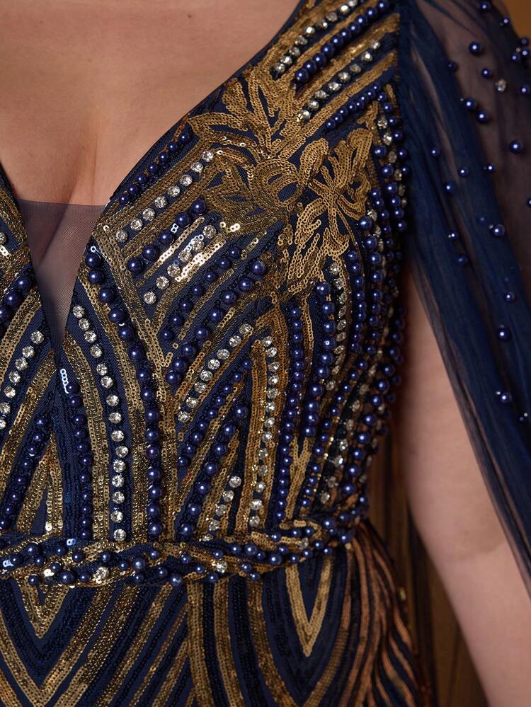 navy blue and gold sequin dress Mgiacy Women's Plus Size Elegant Cape Sleeve V-Neck Mermaid Long Party Wedding Fall Wedding dress