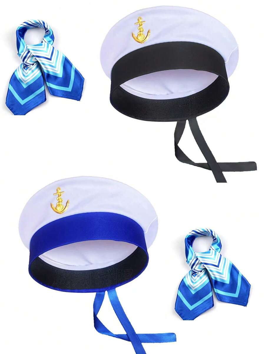 1 Set Gorra de marinero azul y blanca con bufanda, para fiesta de disfraces, actuación en el escenario - Multicolor - Ver 1
