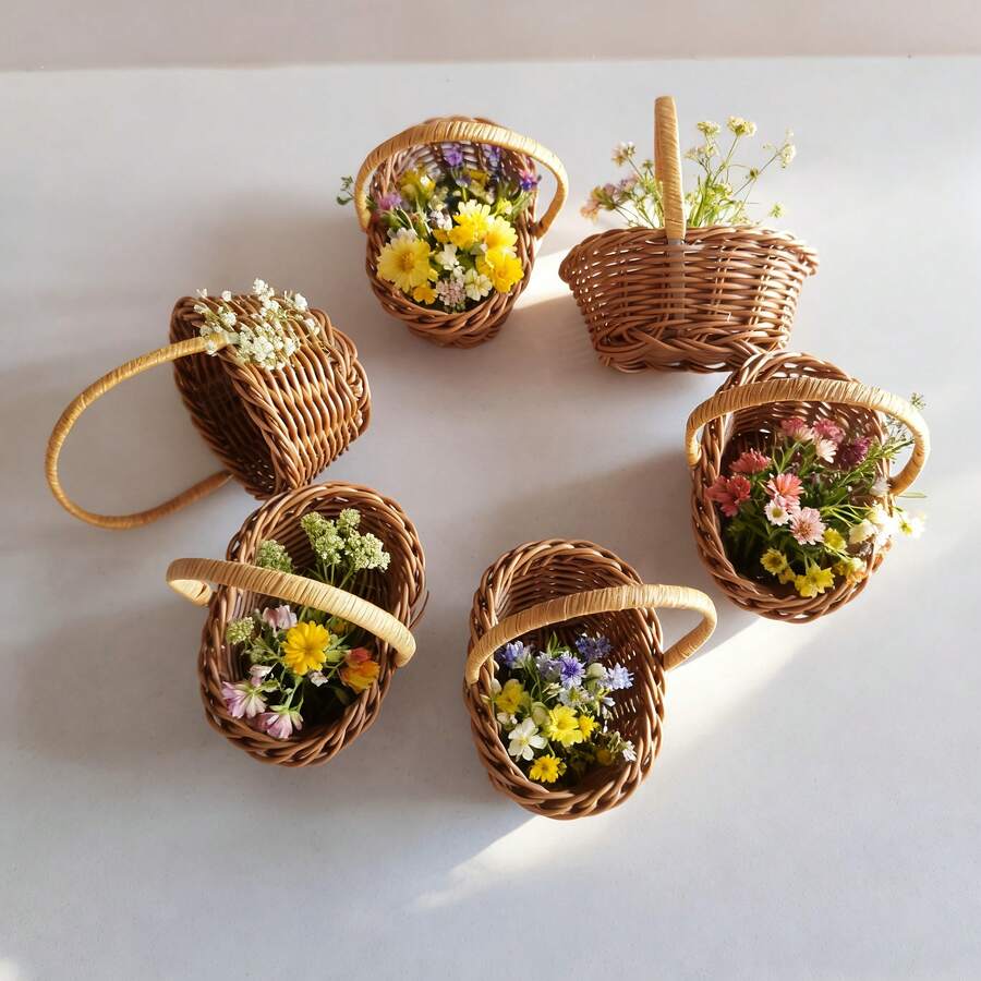 1pc/2pcs/5pcs Add A Touch Of Rustic Charm To Your Special Events And Home Spaces With These Adorable Mini Woven Baskets. Handcrafted From Natural Rattan, Each Basket Features A Sturdy, Curved Handle And A Delicate, Open-Weave Design That Brings Warmth And Texture To Any Setting. Perfect For Wedding Favors, Party Centerpieces, Or Tabletop Decor