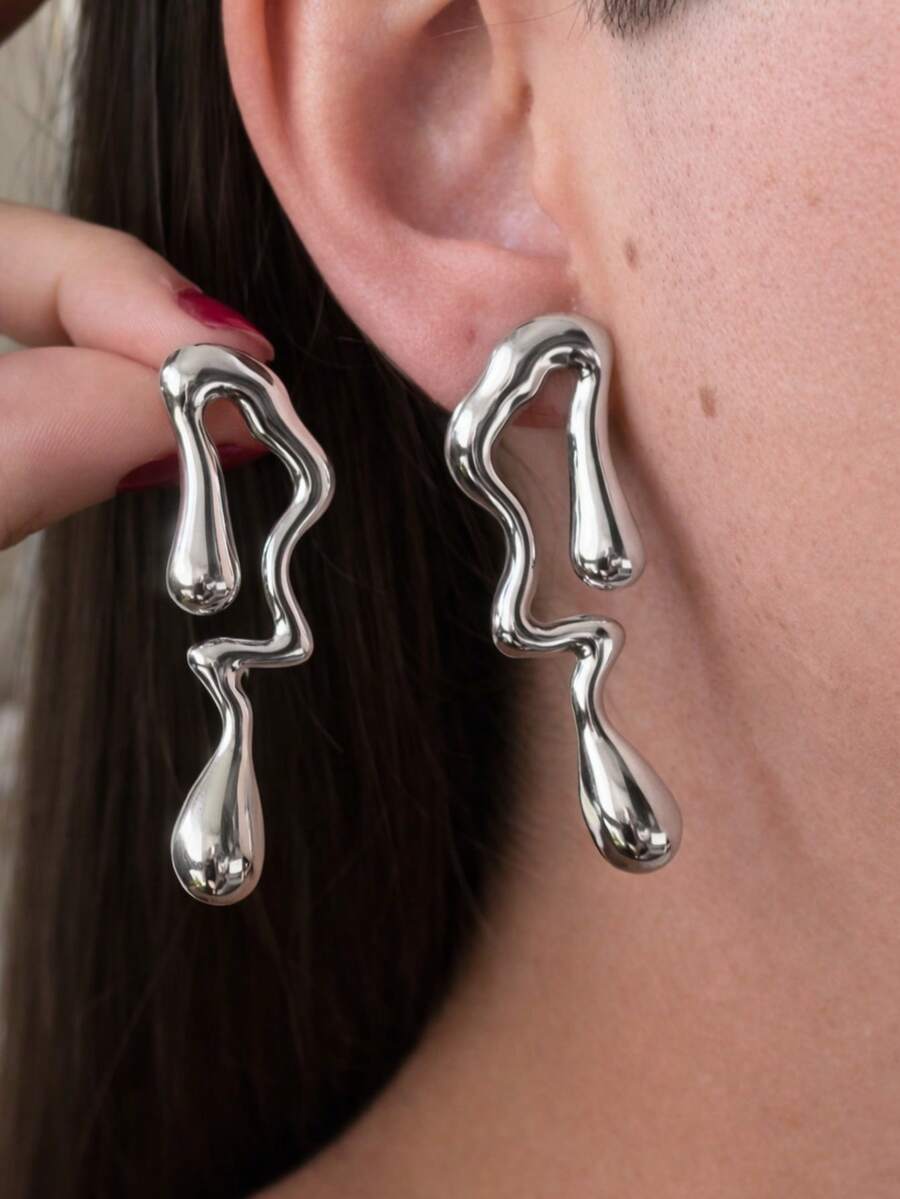 Women's Sculptural Organic Drop Earring, Abstract Open Design, Gold Or Silver, Minimalist, Modern. - Silver - View 1