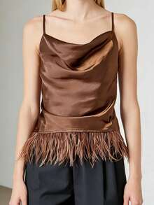 Women's Summer Satin Camisoles Spaghetti Strap Stylish Solid Color Tassel Hem Casual Tank Tops - Coffee Brown - View 6
