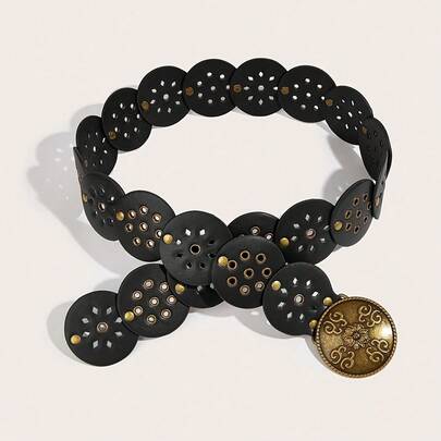 1条女士拼接宽腰带，镂空雕刻仿古青铜波西米亚风花卉图案装饰扣腰带，适合搭配连衣裙、裤子、衬衫、连帽衫，也适合音乐节、旅行、日常穿着、婚礼季、街头风、情人节等场合。