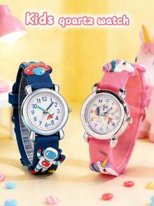 2pcs/Set Kids & Students Colorful Round Dial Cute Astronaut, Unicorn, Ice Cream, Cloud Pattern Quartz Watch, Suitable For Back To School, Birthday, Halloween, Christmas Gifts, Daily Decoration - Multicolor - View 5