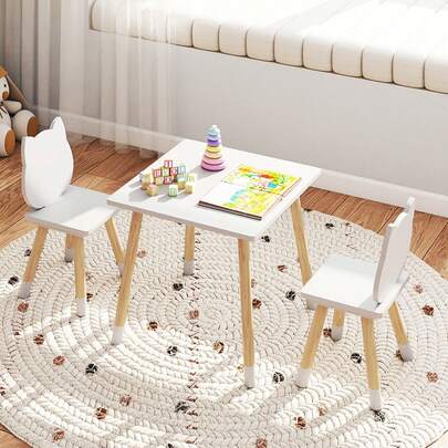  COSTWAY Kids Table And Chairs Set, Wooden Toddler Desk And Chair Set For Classroom Daycare Home, Children Multi-Activity Table And Chairs For Play, Art, Craft, Reading, Learning, Eating, White