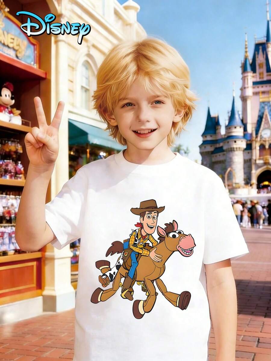 Printed With The Design Of Disney Toy Story Woody, Disney Officially Authorized High-Quality Children's T-Shirts, Perfect Gifts, Fashionable Casual Clothes, Children's Wear Boys, Boys' Gifts, Four Seasons, Creative And Personalized T-Shirts. - 白色 - 查看 1