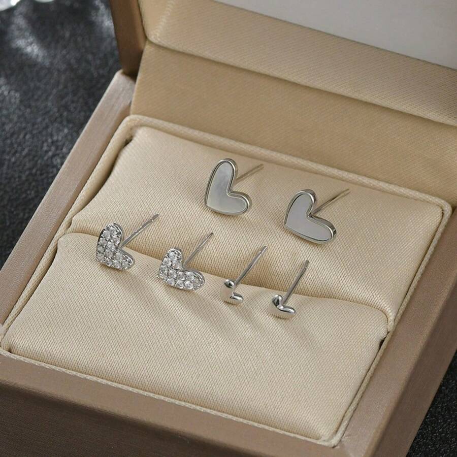 Bộ 6 đôi bông tai hình trái tim lấp lánh sang trọng đính đá Cubic Zirconia, thiết kế thanh lịch, món quà lý tưởng cho ngày Valentine.