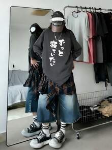 Women's Casual Loose Japanese Print Simple Versatile Long Sleeve T-Shirt Top, Spring - Dark Gray - View 2