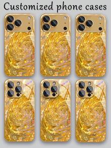 1pc Customized Name, Starry Sky & Sunburst Swirl Pattern Electroplated Gold Glass Phone Case Compatible With Iphone 17 Pro Max/16 Pro Max/15/14 Plus/13 Pro/12 Pro Max/11/Xs Max/8/7/6 Plus Phone Accessories - Gold - View 5