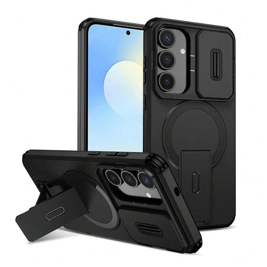 Foldable Stand Phone Case With Sliding Camera Cover + [Full Camera Protection] For Galaxy S26Ultra S25Ultra/A55/A56/A16/A17/A26/A36, Also Compatible With S26 S24/S24 FE/S25/S25/S25 FE Magnetic Car Mount Holder, Matte Finish Anti-Drop Phone Protective Case, Sliding Phone Case, Fashion Phone Case, Christmas Gift, Winter Gift - Black - View 1
