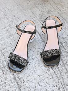 1 par de sandálias de salto alto com sola grossa e transparente, ideais para adolescentes - Sandálias de verão com strass preto. - Preto - Ver 8