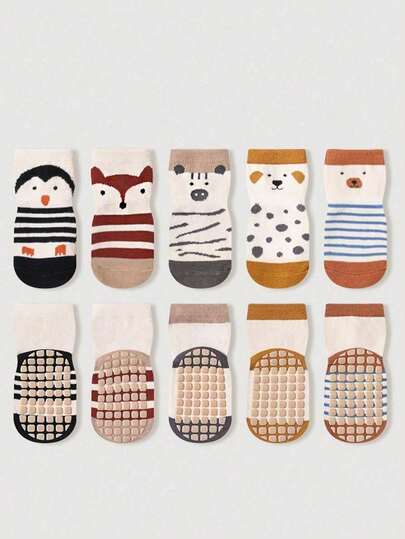 1/5 Pairs Cartoon Animal Print Anti-Slip Dotted Baby/Toddler Indoor Soft Bottom Slippers Socks, Suitable For Casual Daily Wear, Unisex