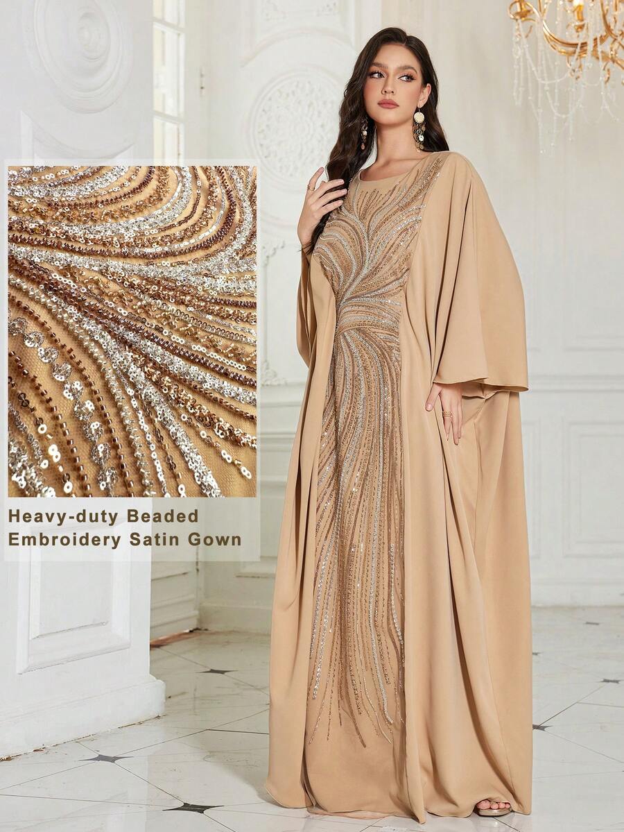UNITHORSE Women's [Random Cut] Round Neck Batwing Sleeve Long Luxury High-End Elegant Sequin Lace Splice Matte Satin Women Sleepwear Dress - Champagne - View 1