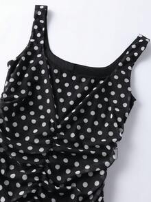 女士波点撞色优雅休闲派对连衣裙，适合度假和约会，黑色 - 黑色 - 查看 10