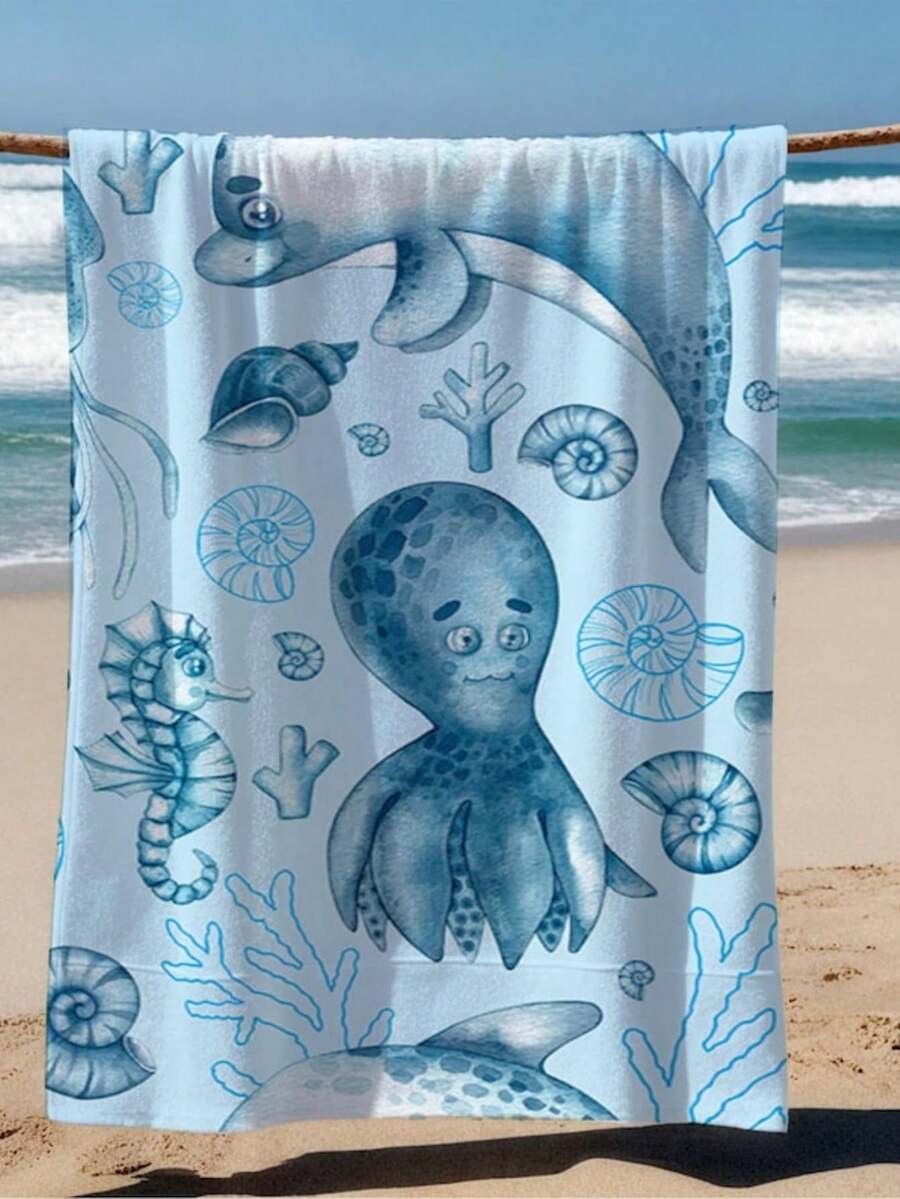 Ocean Creature Beach Towel, Dolphin, Octopus, Cotton Blend. - Image Color - View 1