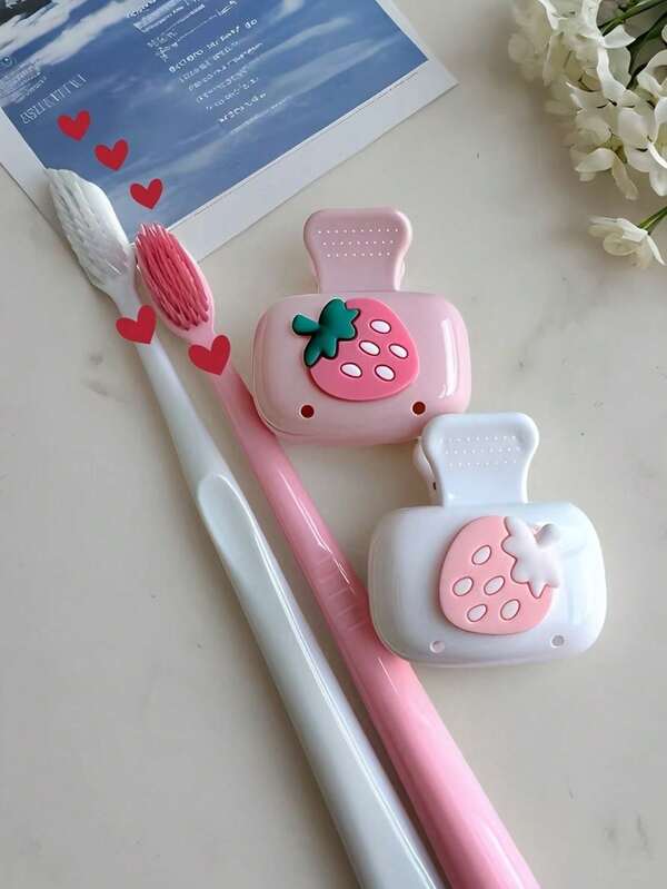 Cute Toothbrush Holder Travel Case, Strawberry Design Toothbrush Storage Container With Lid, Pink & White Portable Toothbrush Cover Box,Travel Toothbrush Storage Box, Portable Toothbrush Head Protection Clip, Toothbrush Storage Clip,Toothbrush Protective Cover, Protects Toothbrush Head, Portable Design For Easy Carrying