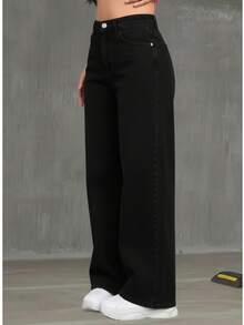 Women's Black Wide Leg Jeans, High Waist, Palazzo Style - 黑色 - 查看 2