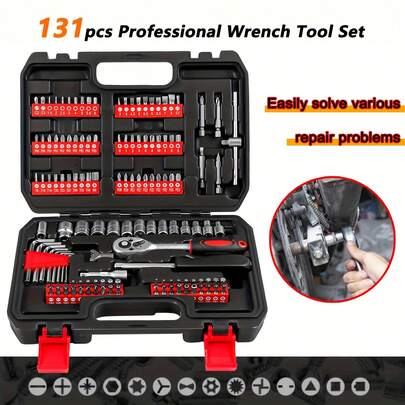 131-Piece Car Repair Tool Set With Tool Box - Drive Socket Combination Set, Includes Ratchet Wrench, Multi-Function Repair Tool Ratchet Torque Wrench, Screwdriver, Car And Bicycle Repair Socket Combination Set