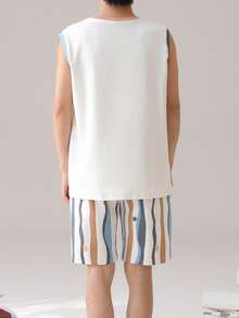 AICJ 2pcs Men Solid Color Casual Loose Basic Crew Neck Vest Top And Striped Shorts Pajama Set, Suitable For Spring And Summer Loungewear - Multicolor - View 2