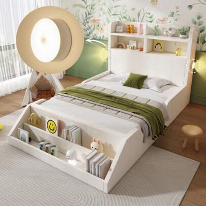 Holzbett Einzelbett 90x200 Cm Jugendbett/Kinderbett Mit Ablageflächen, Nachtlichtern, Abnehmbarem Bücherregal, Bettgestell Mit Lattenrost, Reinweiße Oberfläche, Ohne Matratze