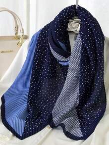 1pc Crinkle Patchwork Polka Dot & Geometric Print Scarf - Navy Blue - View 4