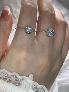 rundraw 1pc Oval Linked Ring With Adjustable Cubic Zirconia, Suitable For Women's Daily Wear And Special Occasions - Silver - View 4