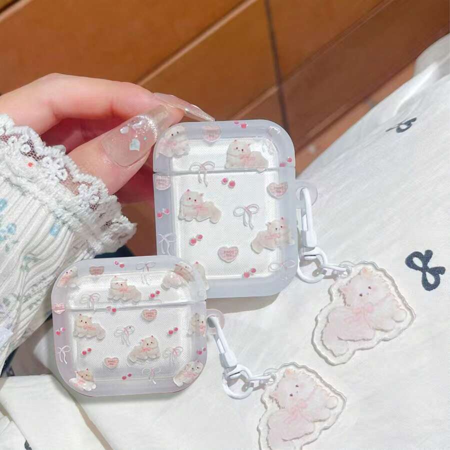 Cherry Bow Cat Protective Case Suitable Compatible With Apple Wireless Earphone Case, Scratch-Resistant And Anti-Drop - Clear - View 1