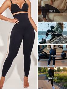High Waist Seamless Shaping Tummy Control Slimming Leggings - Black - View 6