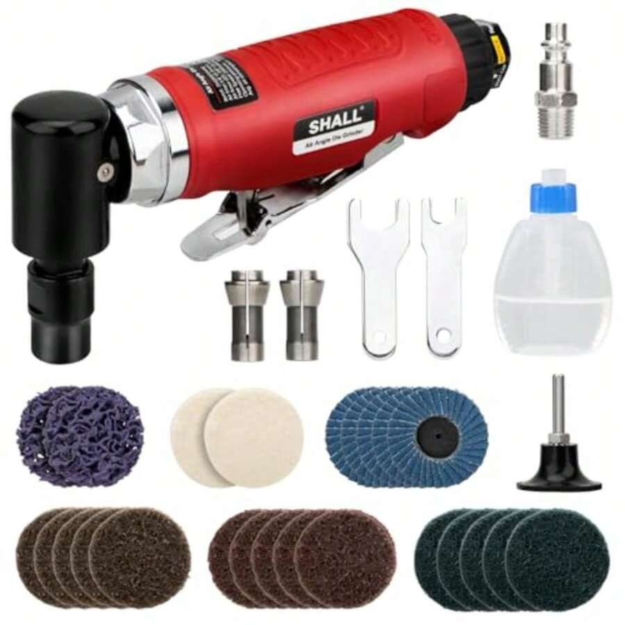 2026-Right Angle Die Grinder 90 Degree 1/4" And 1/8" Collets 24PCS Sanding Discs Air Connector Lubricant And Chuck Key Included For Grinding Polishing Deburring Engraving And Rust Removal - 紅色的 - 查看 1