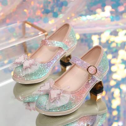 儿童闪亮蝴蝶结高跟鞋，儿童时尚高跟鞋，四季皆宜