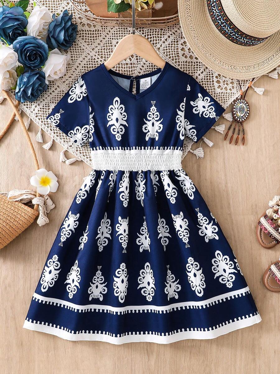 1pc Young Girl Vintage Style Dress, Summer Dress, Young Girl Navy Blue Floral Retro Print Short Sleeve A-Line Dress, Essential For Young Girl Vacation & Outdoor, Suitable For 4-8 Years Old, Casual, Party, Holiday Gift, Birthday Gift - Navy Blue - View 1
