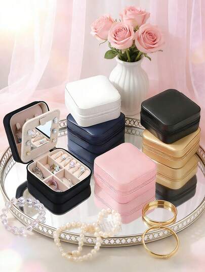 1pc Jewelry Box With Mirror, Portable Travel Zipper Jewelry Box, Simple Jewelry Box For Travel And Home, Fashionable Personalized Leather Mini Jewelry Box, Earrings, Necklaces, Rings Storage Box, Dust-Proof Small Jewelry Storage Box, Jewelry Accessories Storage Box And Vanity Storage Box, Ideal For Storing Rings, Pendants, Earrings, Ties, Bracelets, Best Gift For Girlfriend, Mother's Anniversary, Valentine's Day, Christmas, New Year, Men's Gift, Women's Gift