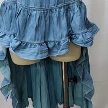 Women's Vintage Western Cowboy Style Denim Ruffle Hem Skirt, Sexy Deep-V Asymmetrical Midi Dress For Outdoor Photoshoots, Belt Not Included - 藍色(不含腰帶) - 查看 6