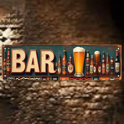 复古酒吧金属招牌 16x4 英寸 - 复古啤酒主题墙饰，红白相间的 BAR 字母、啤酒瓶和品脱图案 - 耐用铁质室内/室外酒吧招牌，适用于男士休闲室、厨房、酒吧 - 配有安装配件，安装简便 - 送给调酒师的礼物