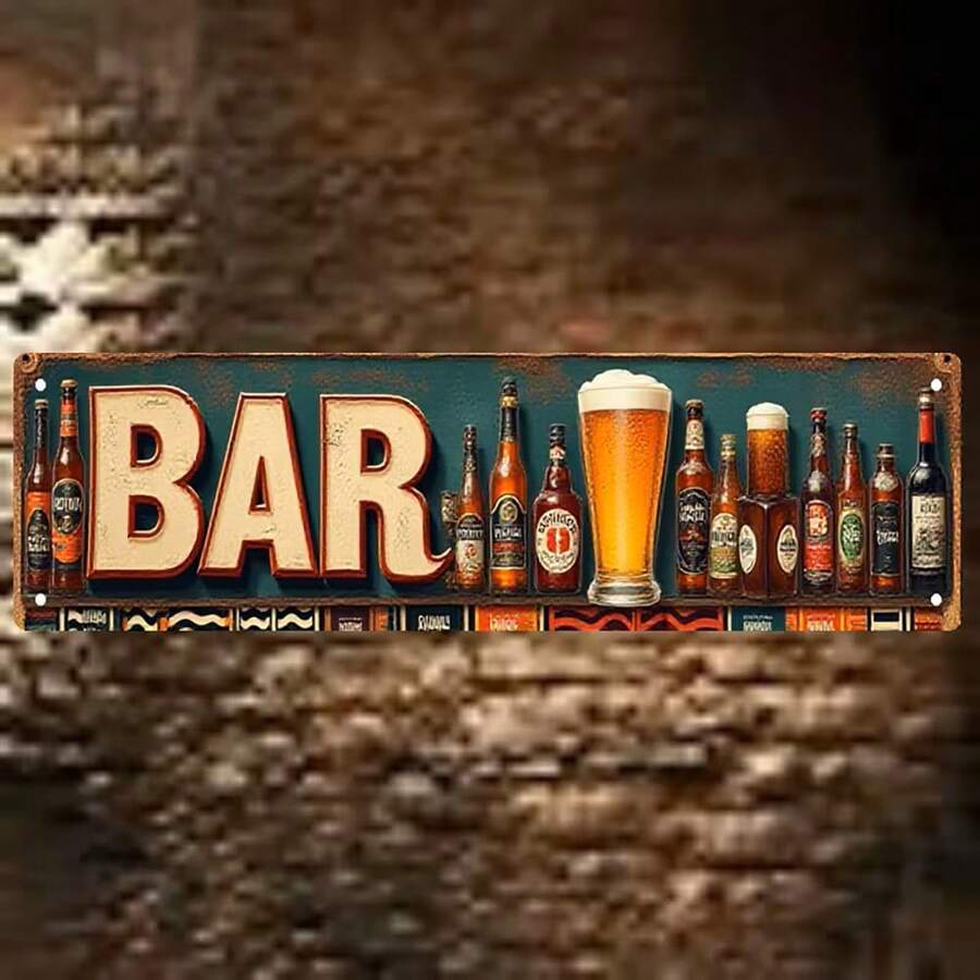 复古酒吧金属招牌 16x4 英寸 - 复古啤酒主题墙饰，红白相间的 BAR 字母、啤酒瓶和品脱图案 - 铁艺室内/室外酒吧招牌，适用于男士休闲室、厨房、酒吧 - 配有安装配件，安装简便 - 送给调酒师的礼物