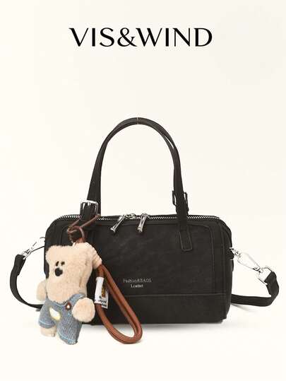 1pc Autumn/Winter New Solid Color PU Leather Handbag For Women, Casual Retro Fashion Bowling Bag, Double Handle Design With Zipper Closure And Letter Decor, Adjustable Shoulder Strap For Daily, Outdoor, Travel Use (With Pendant)