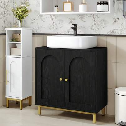 HEXCELEN Bathroom Vanity Unit, Base Cabinet, Washbasin Cabinet, Bathroom Cabinet With 2 Doors, Adjustable Shelf, Ample Storage Space, Freestanding, Country Style, 30 X 60 X 63 Cm, Black