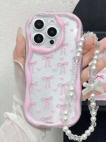 粉色蝴蝶结爱心印花搭配粉色波浪珍珠链手机挂绳套装，适用于 17 16 15 14 13 12 11 Pro Max 14 15 16 Plus XS XR X 8 7，国际版，非国内版 - 無色 - 查看 5